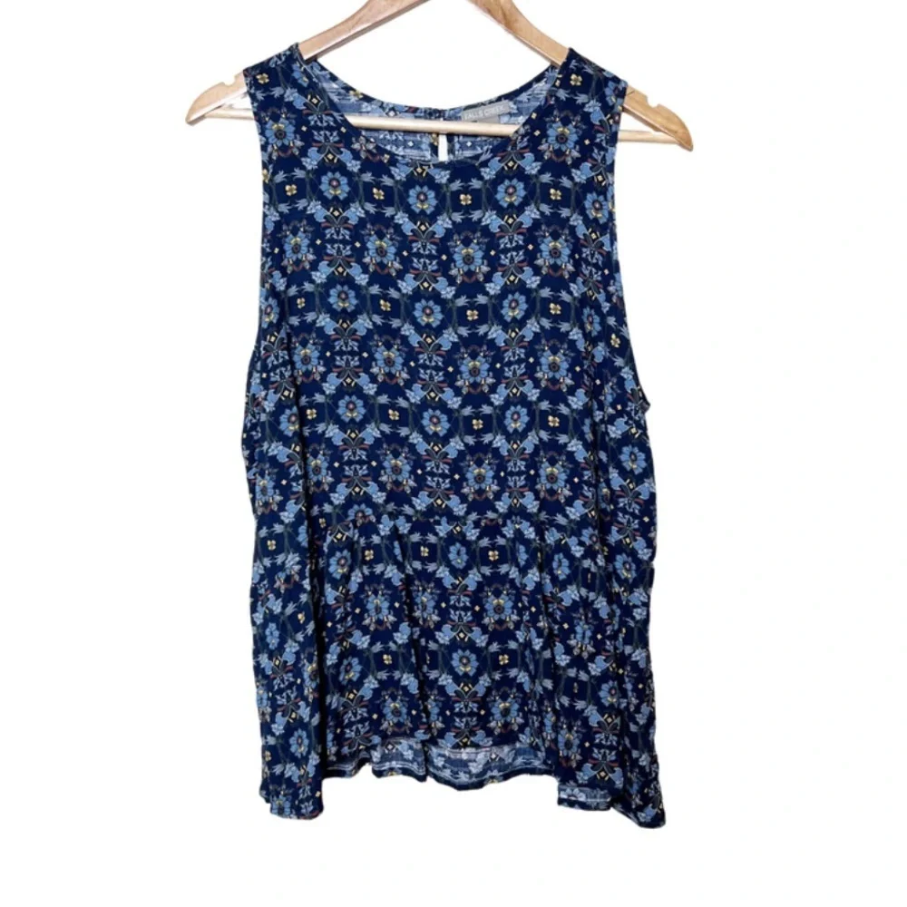 NWT Falls Creek Womens Sleeveless Floral Print Tiered Tank‎ Top Blue Yellow - Picture 2 of 16